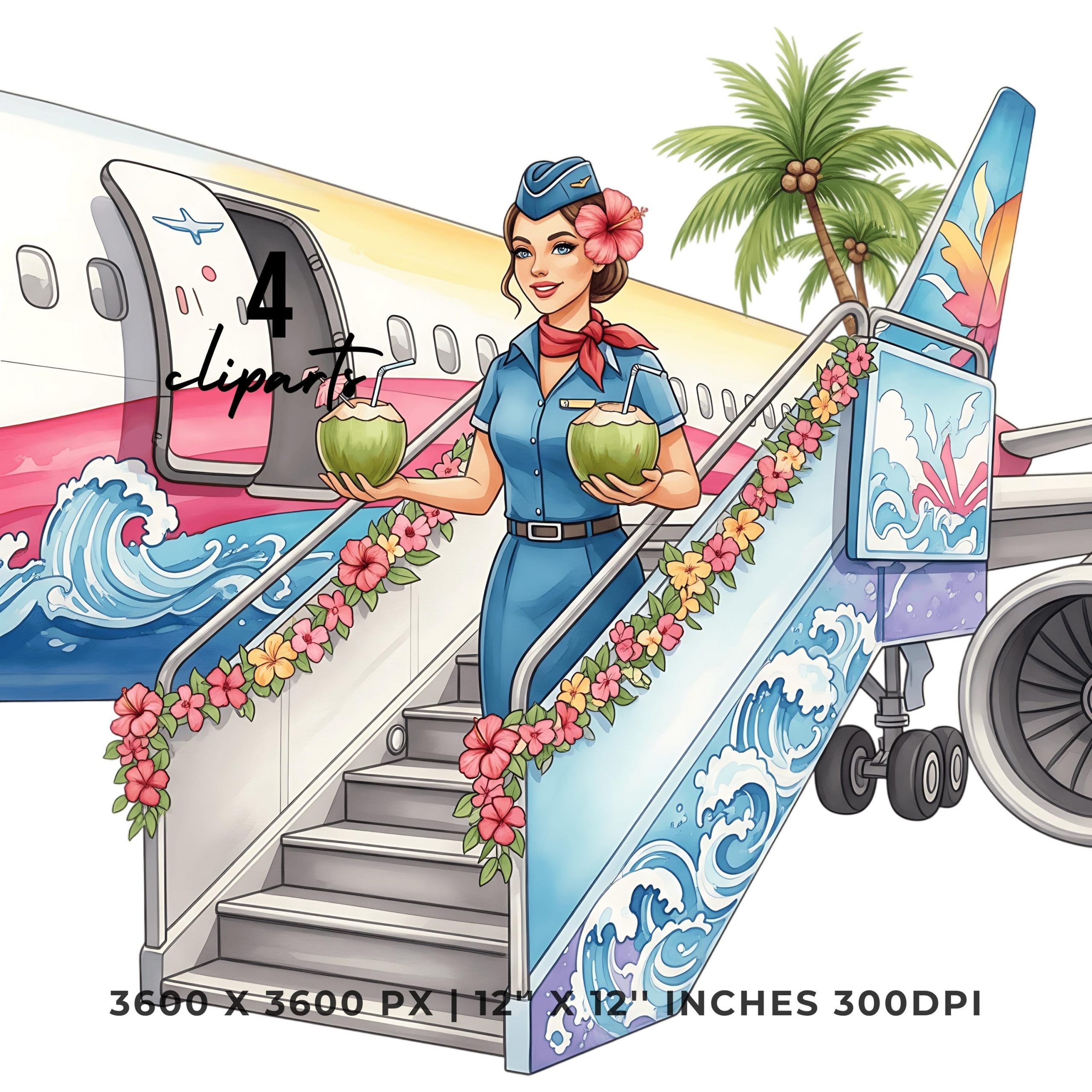 Flight Attendant Tropical Plane Clipart PNG Set | 4 PNG & 4 JPG | Sublimation Design | 12″x12″ 300DPI Graphic Commercial Use – Instant Digital Download