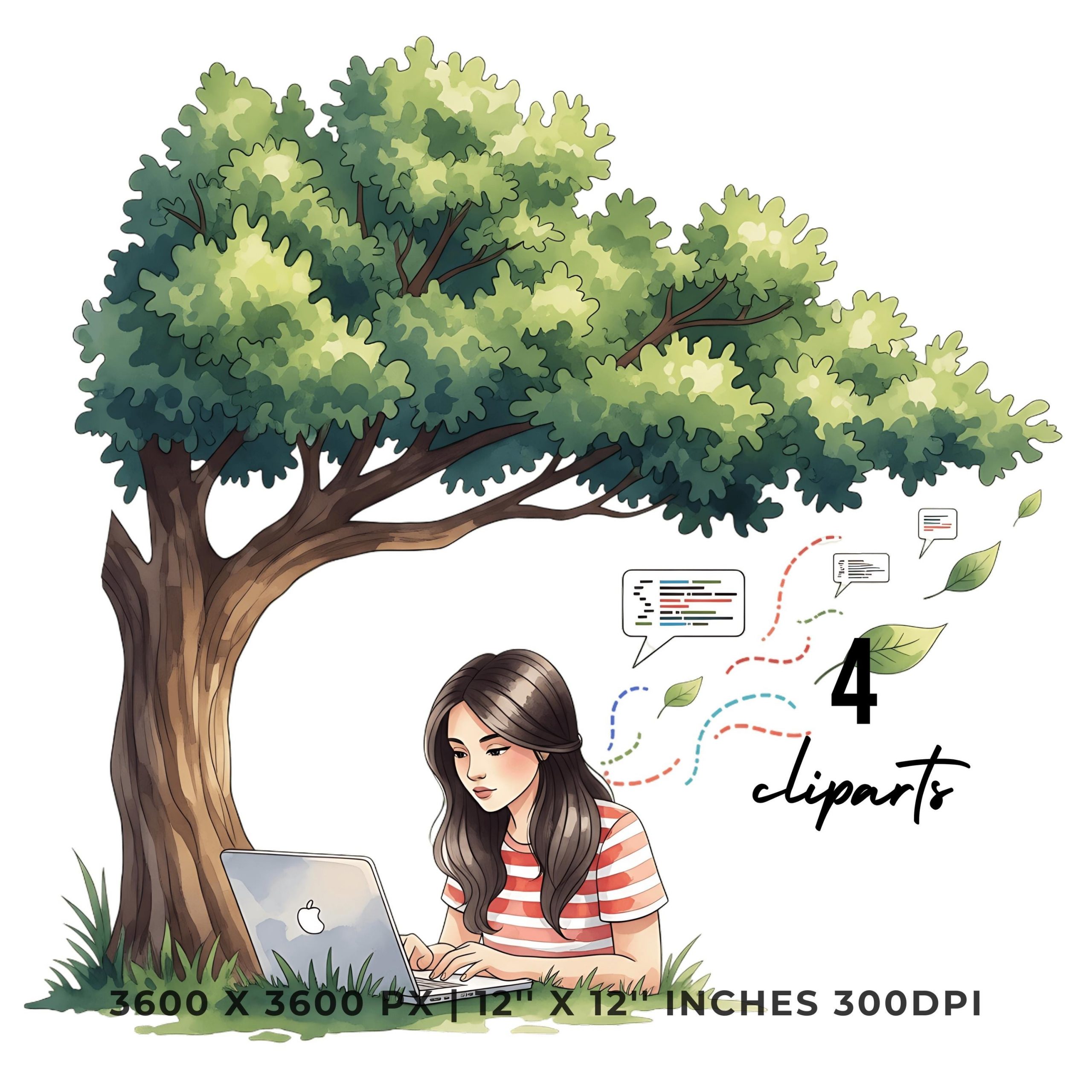 Web Designer Under Tree Working on Laptop – Eco Tech Digital Nomad Clipart Bundle | 12″x12″ | 4 JPG – 4 PNG Sublimation Commercial Use – Instant Digital Download