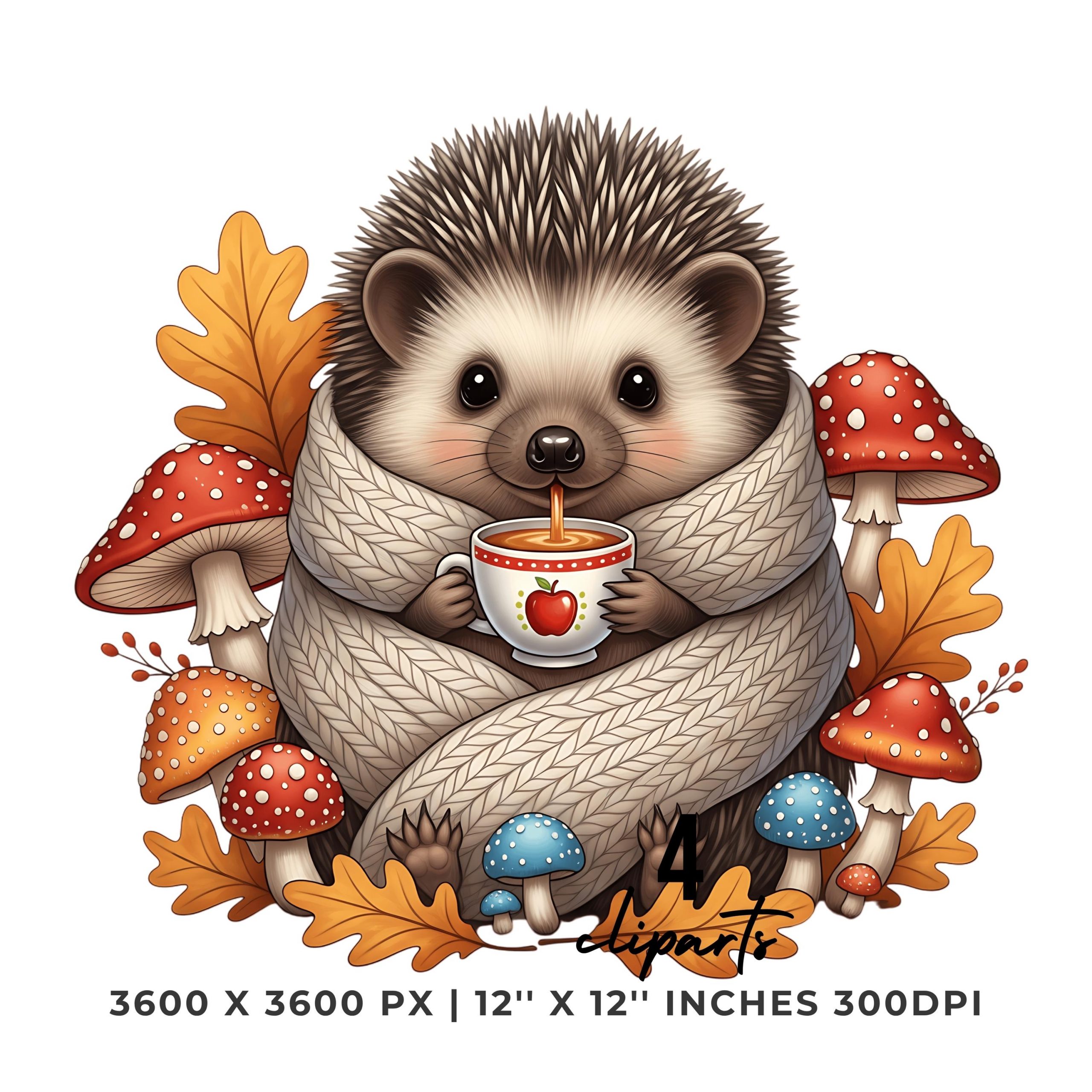 Hedgehog Autumn Tea PNG Clipart | Fall Cider Animal Art | 4 PNG & 4 JPG | Sublimation Transparent Commercial Use – Instant Digital Download