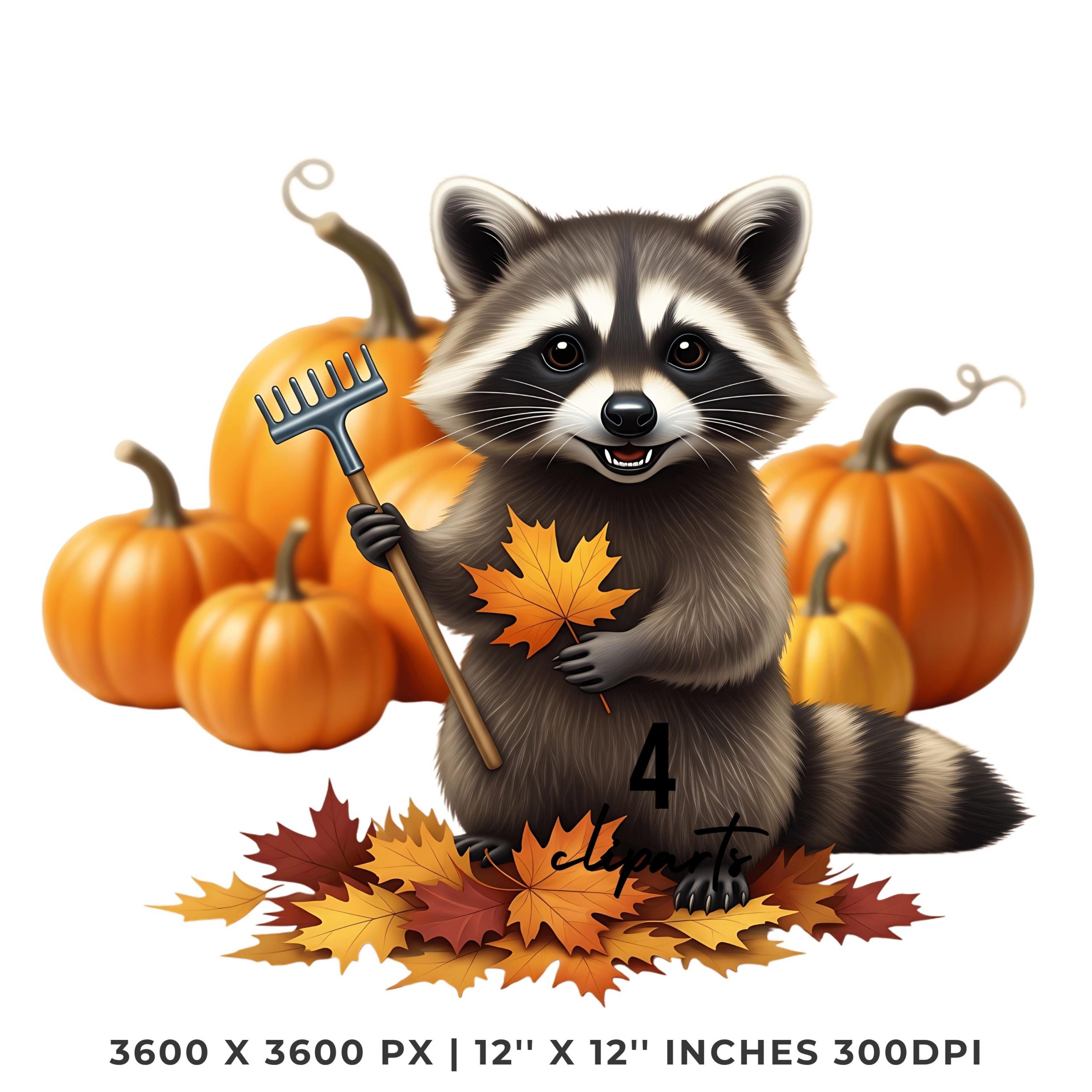 Raccoon Fall Raking Clipart | 4 PNG & 4 JPG | Sublimation Transparent Commercial Use – Instant Digital Download