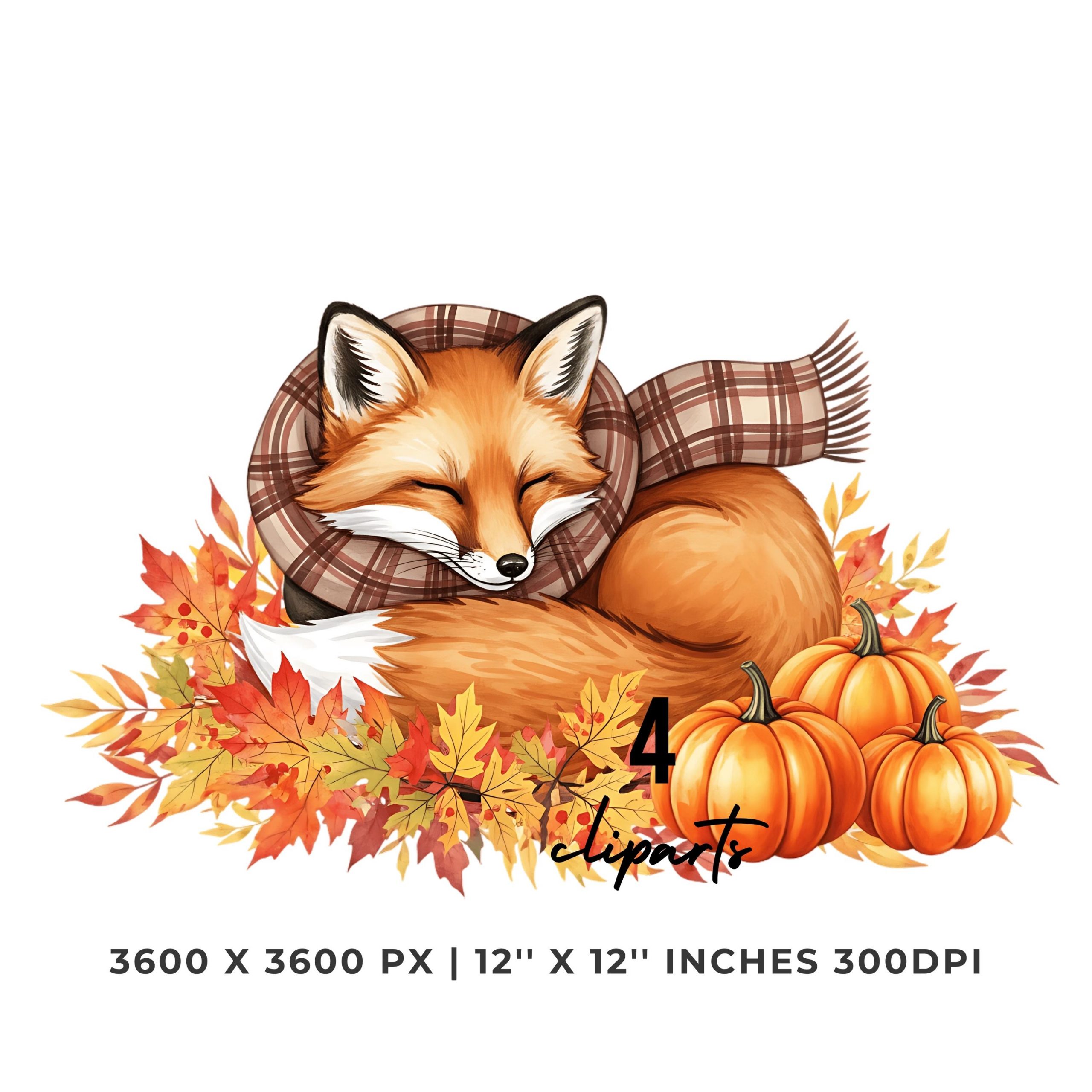 Fox Sleeping on Leaves Autumn Clipart | Fall Fox Clip Art | Cozy Pumpkin Woodland Animal | 4 PNG & 4 JPG Instant Download Commercial Use – Instant Digital Download