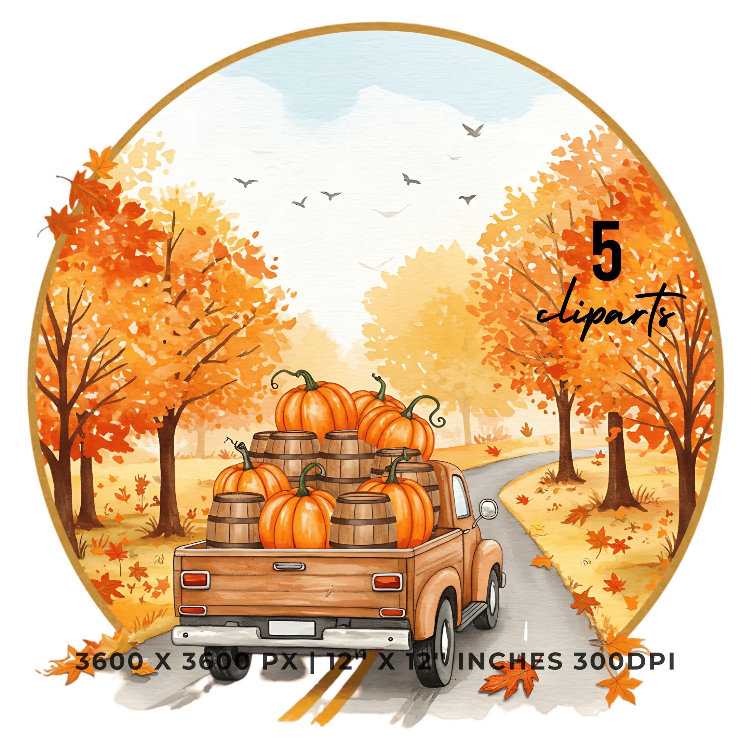 Pumpkin Truck Clipart Bundle | Autumn Cider Delivery | Fall Harvest Barrel Truck Art 5 Cliparts 12″x12″ 300DPI 5 JPG – 5 PNG Commercial Use – Instant Digital Download