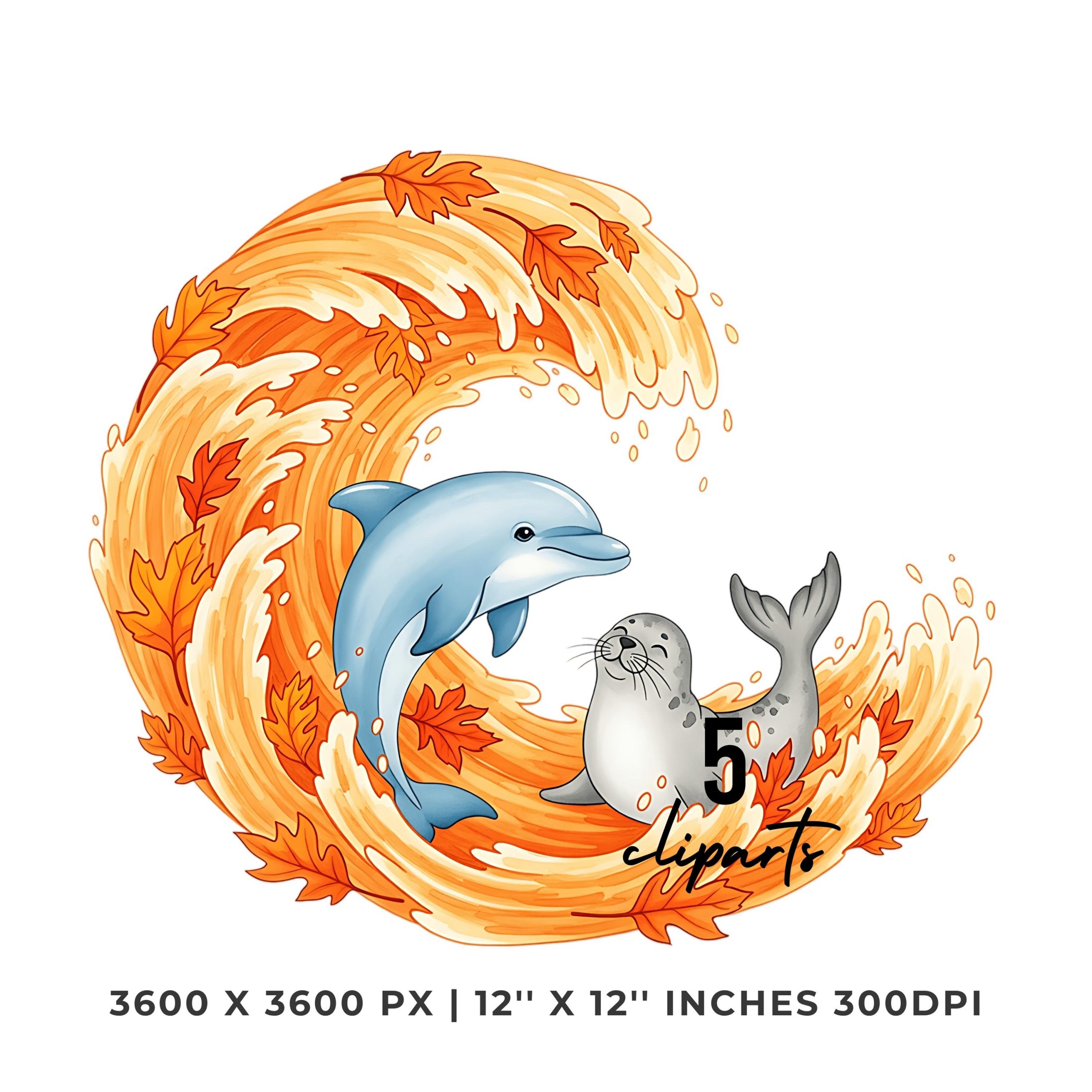 Dolphin and Seal in Leafy Wave Clipart | Dolphin & Seal Clipart PNG  | Underwater 5 PNG – 5 JPG Sublimation Transparent Commercial Use – Instant Digital Download