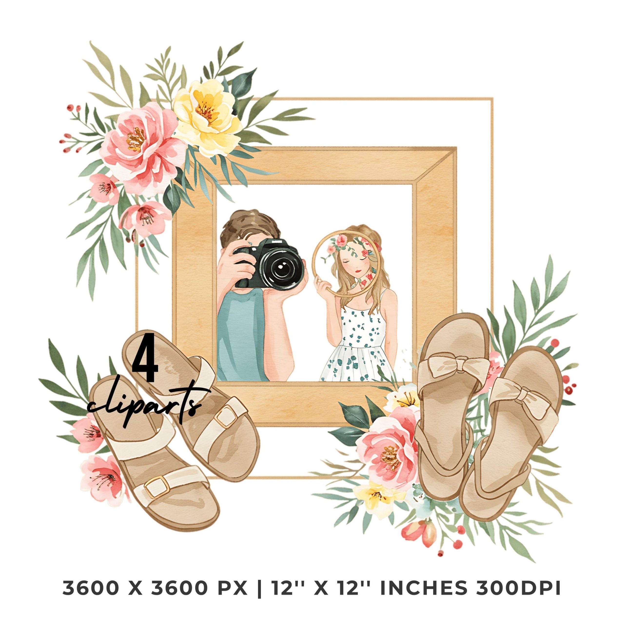 Photographer capturing summer in a floral sandals frame Clipart | 4 PNG & 4 JPG | Sublimation 12″x12″ 300DPI Graphic Commercial Use – Instant Digital Download