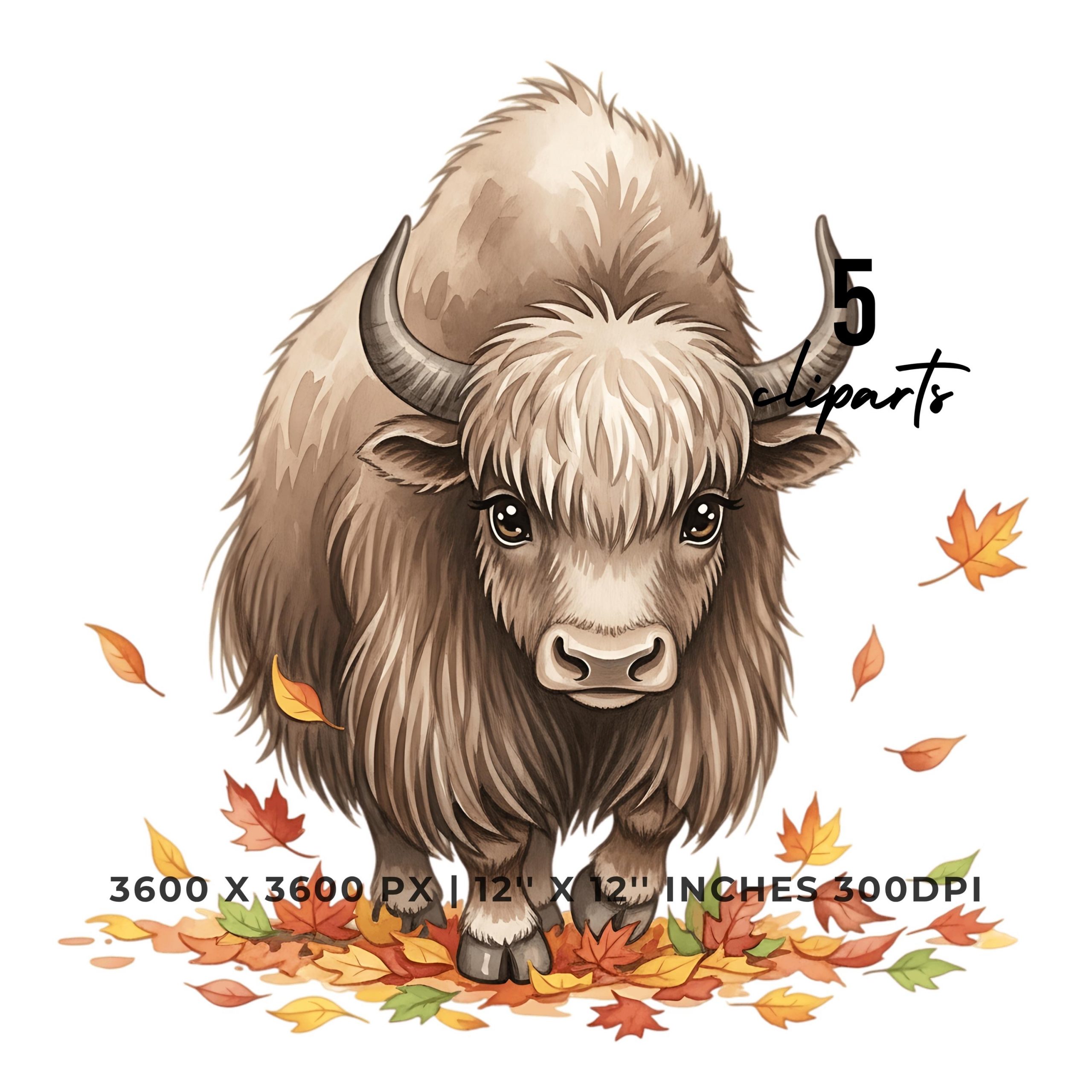 Yak Autumn Clipart PNG | Cute Fall Yak Animal Clip Art | Yak with Leaves | 12″x12″ 300DPI | 5 PNG & 5 JPG | Sublimation Commercial Use – Instant Digital Download