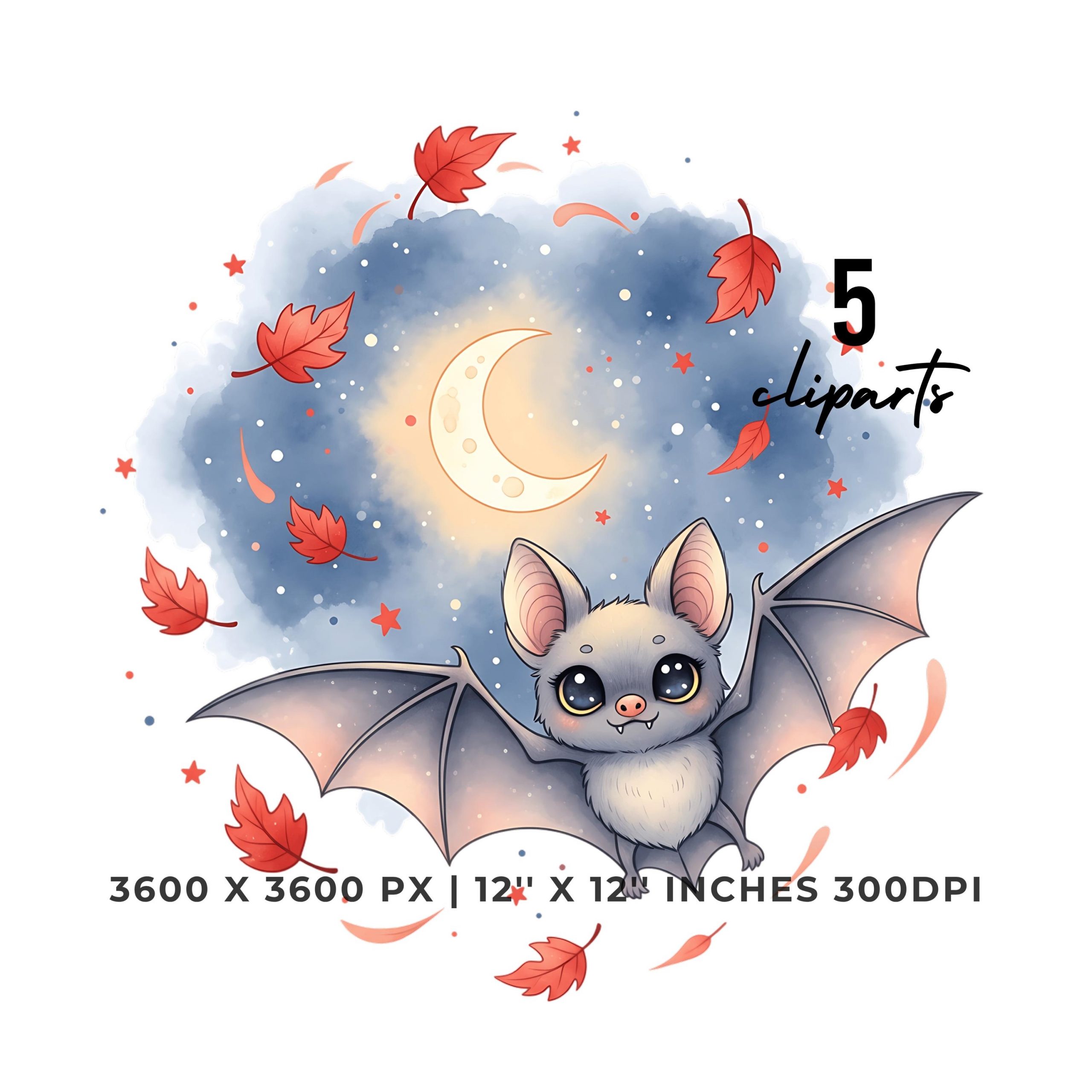 Cute Bat Flying Under Autumn Night Sky Clipart | 12″x12″ 300DPI | 5 PNG & 5 JPG | Sublimation Commercial Use – Instant Digital Download