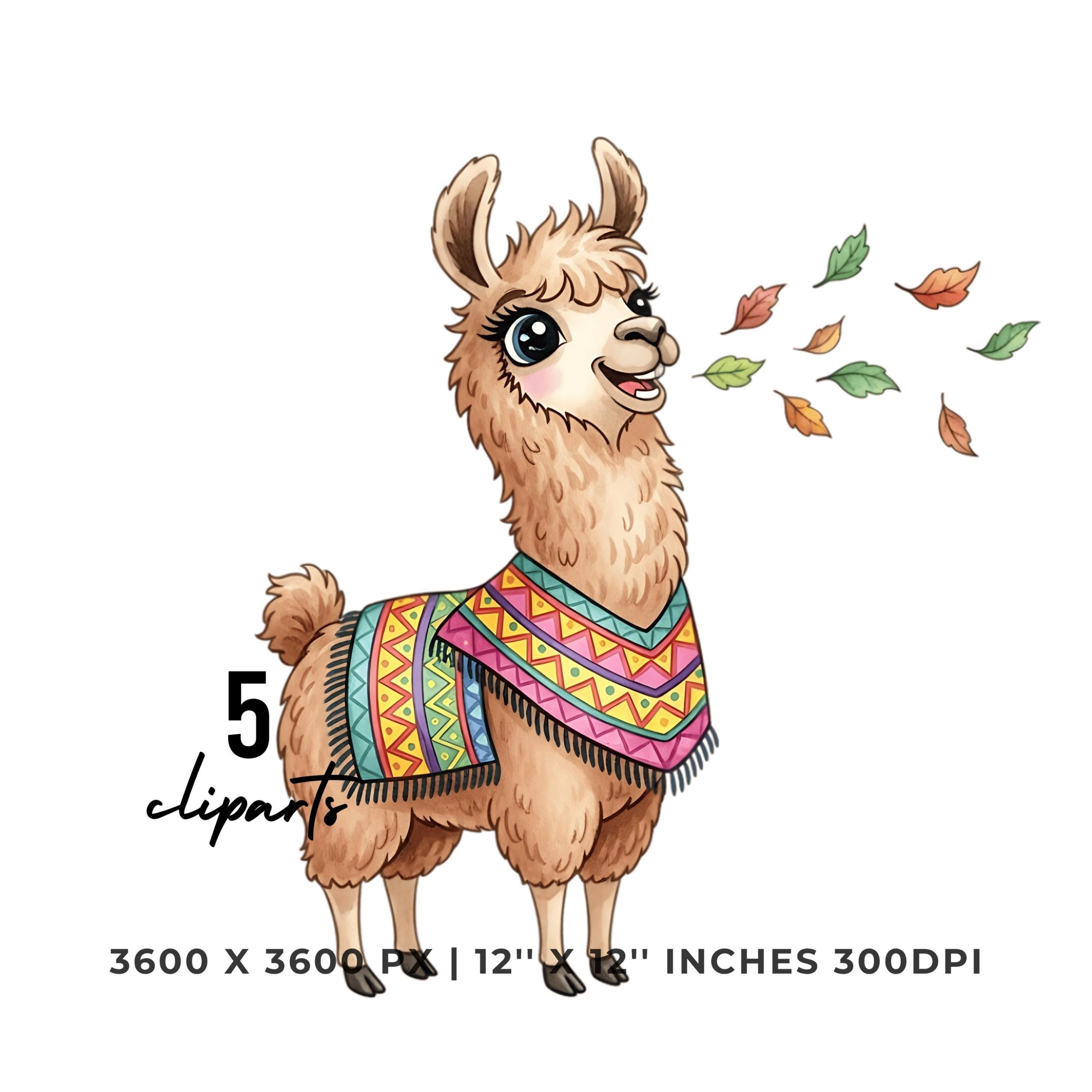 Cute Llama Poncho Clipart | Autumn Leaves Bundle | Fall Alpaca Art | 5 PNG & 5 JPG | Sublimation Transparent Commercial Use – Instant Digital Download