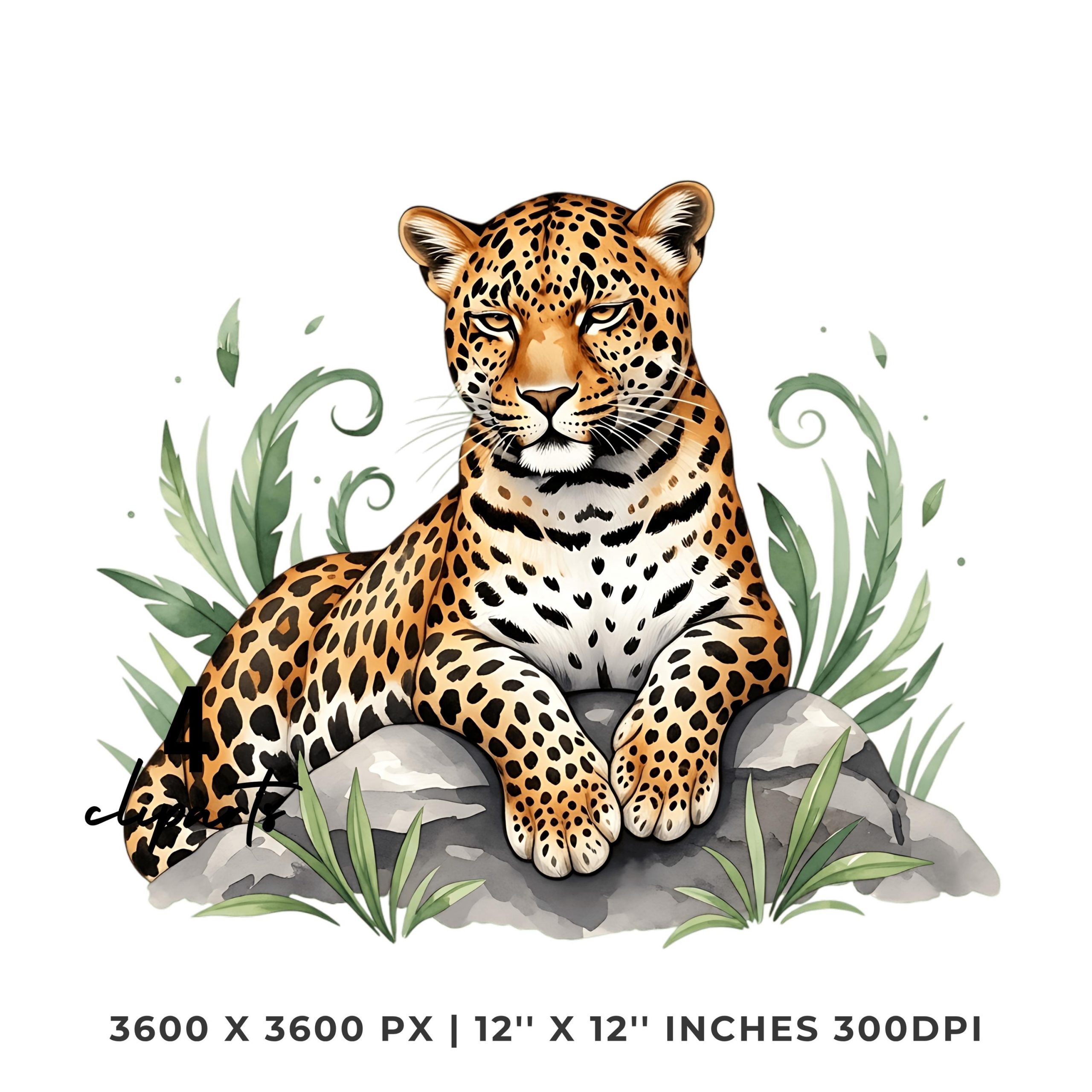 Leopard Clipart Bundle | Jungle Leopard Sitting on Rock with Tropical Leaves | Big Cat Wildlife | Sublimation 4 PNG & 4 JPG Commercial Use – Instant Digital Download