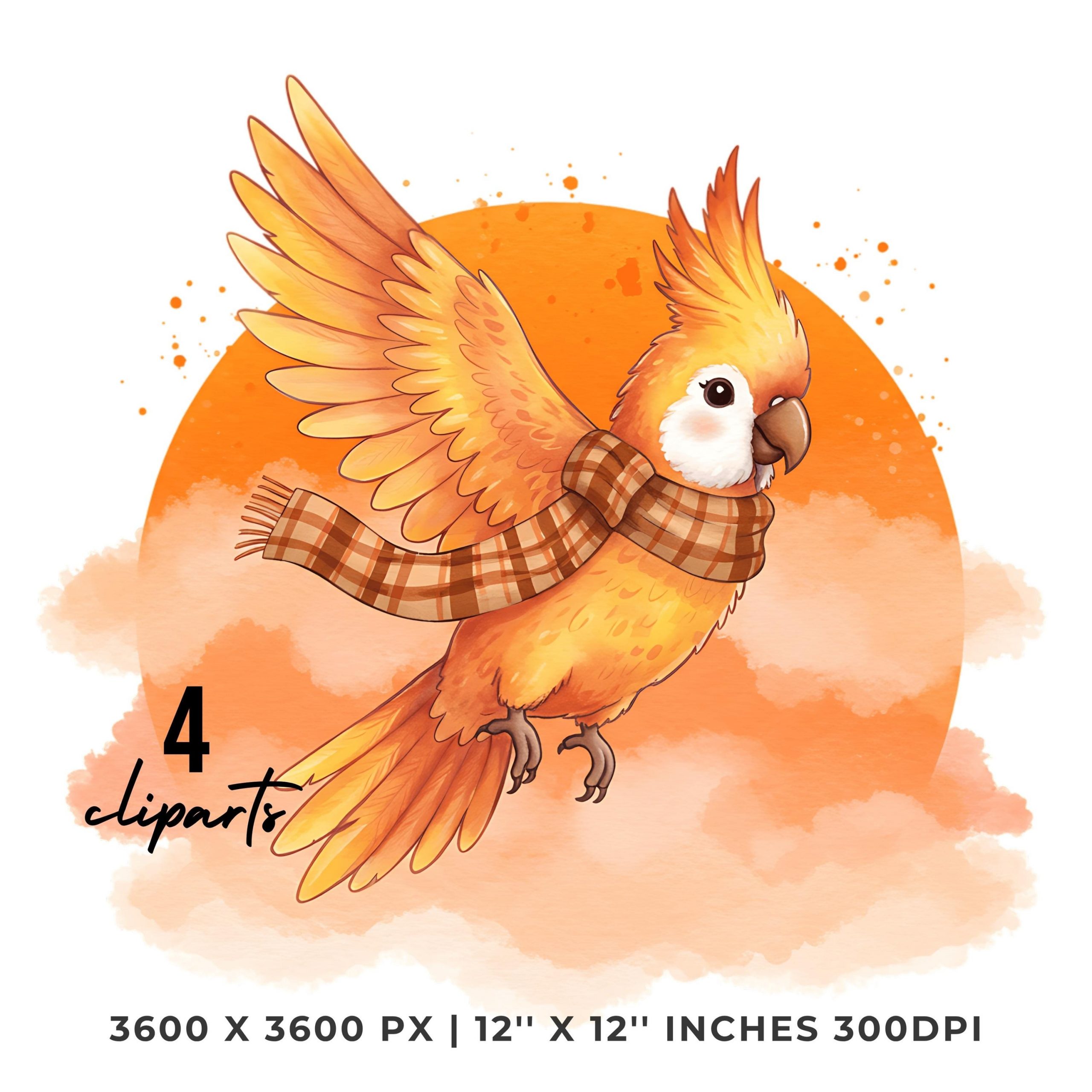 Parrot in Plaid Scarf Flying Through Orange Skies Clipart | Autumn Bird Illustration | 12″x12″ | 4 PNG JPG | Sublimation | Commercial Use – Instant Digital Download