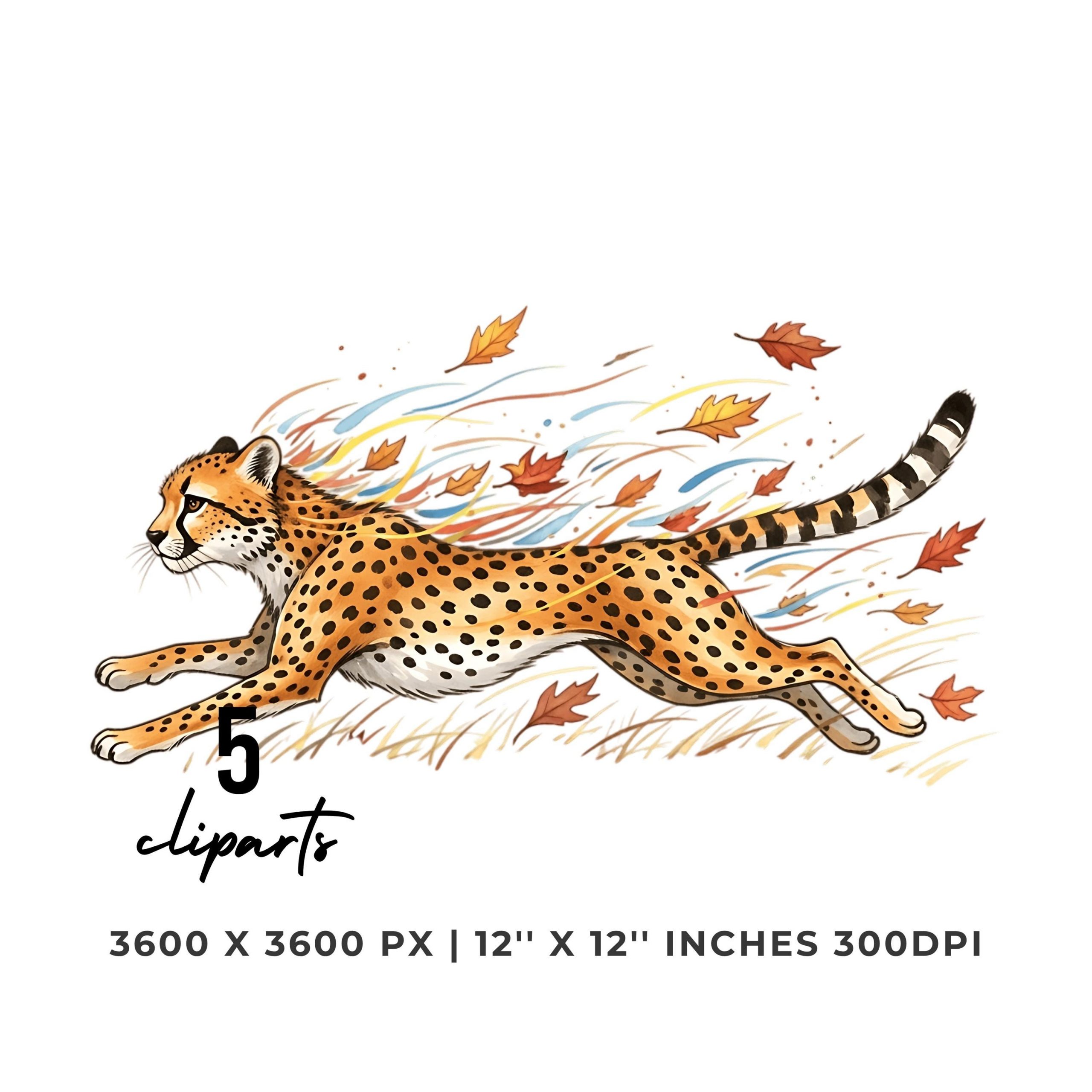 Cheetah Running with Autumn Leaves Clipart | Fall Cheetah Speed Illustration | Instant Download | 5 PNG & 5 JPG Sublimation Commercial Use – Instant Digital Download