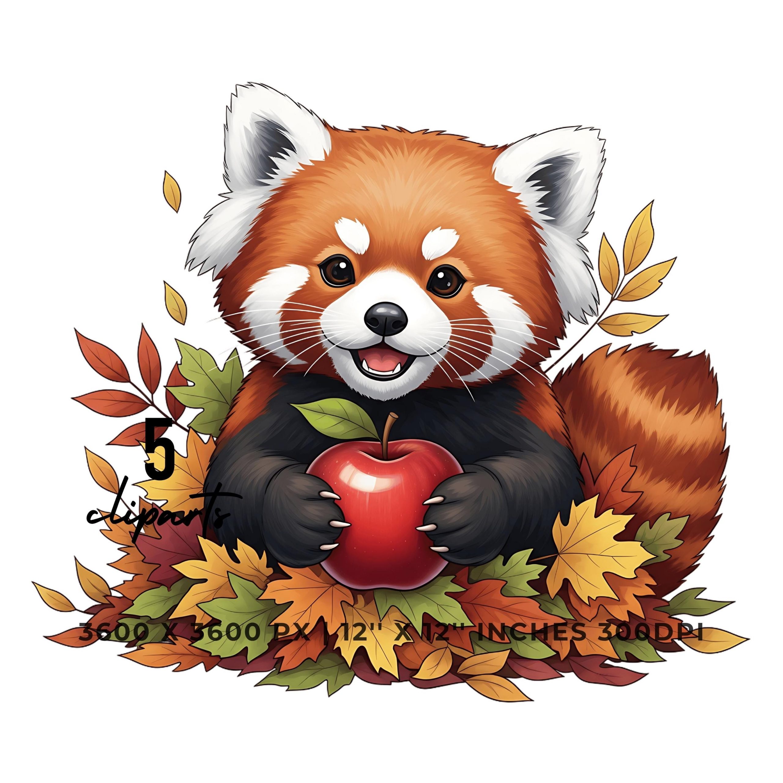 Red Panda Autumn Clipart 5 PNG 5 JPG | Cute Red Panda in Leaf Pile with Apple | Fall Animal Sublimation | 12″x12″ | Commercial Use – Instant Digital Download