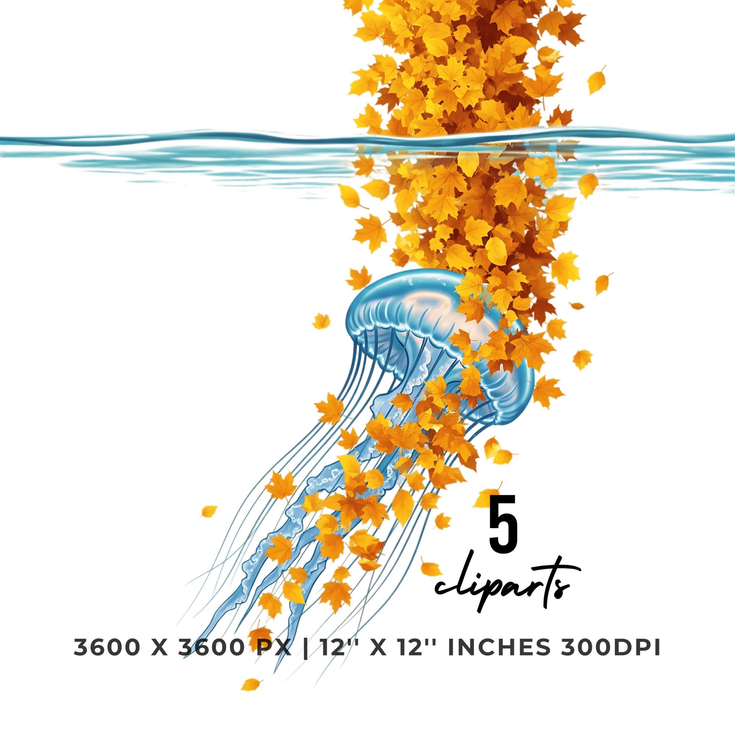 Jellyfish Clipart with Autumn Leaves | Fall Ocean 5 PNG 5 JPG | Underwater Seasonal Art | 12″x12″, 300 DPI for Sublimation | Commercial Use – Instant Digital Download