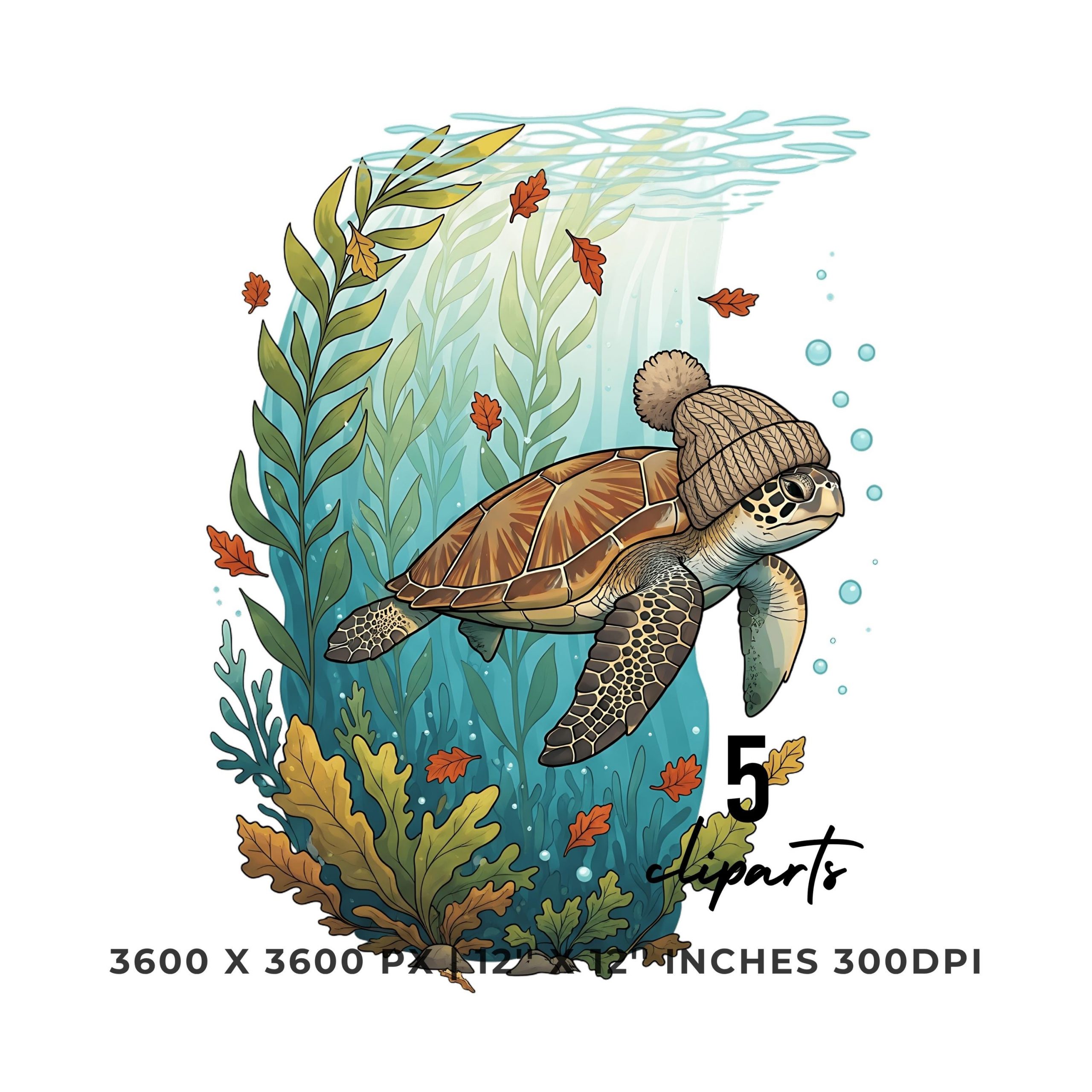 Sea Turtle with Cozy Knit Hat Swimming Through Kelp Forest | Autumn Ocean Animal Clipart 5 PNG 5 JPG | Underwater Seasonal | Commercial Use – Instant Digital Download