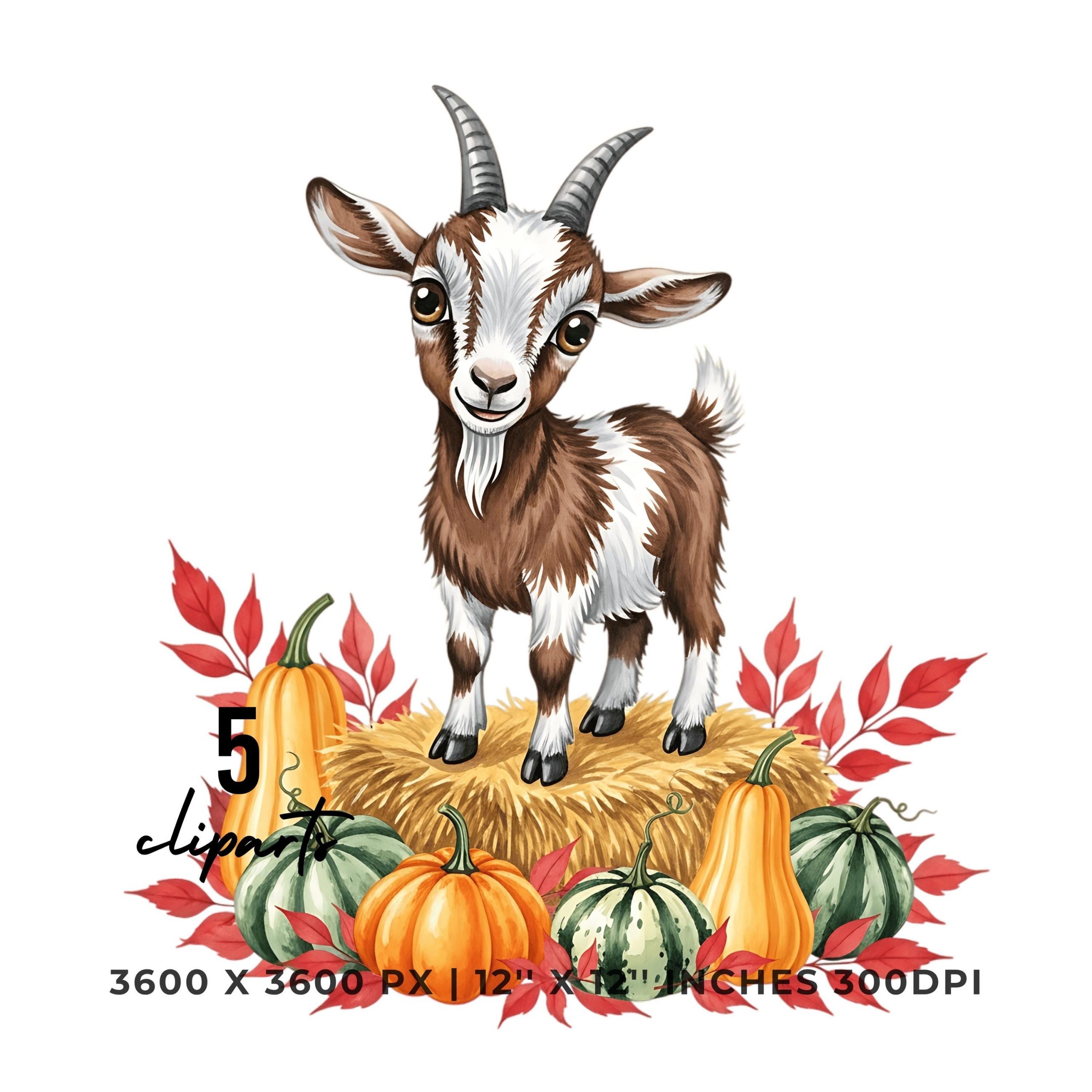Cute Goat Clipart PNG with Pumpkins & Hay Bale | 5 PNG 5 JPG Fall Farm Animal | Autumn Harvest Goat for Sublimation Commercial Use – Instant Digital Download