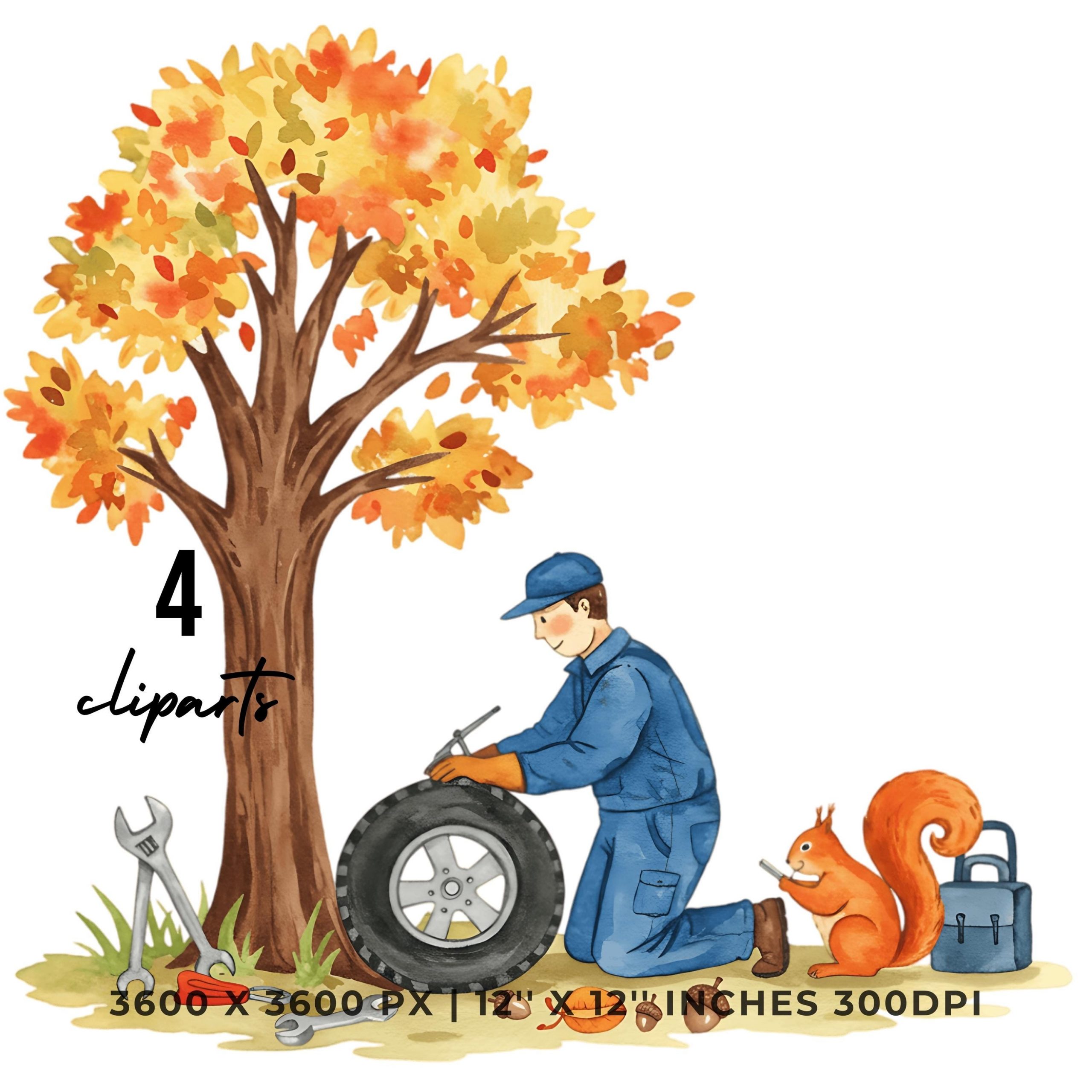 Autumn Mechanic Clipart | Man Fixing Tire Under Tree | Fall Repair Scene with Tools & Squirrel | 12″x12″ 300DPI 4 JPG – 4 PNG Commercial Use – Instant Digital Download