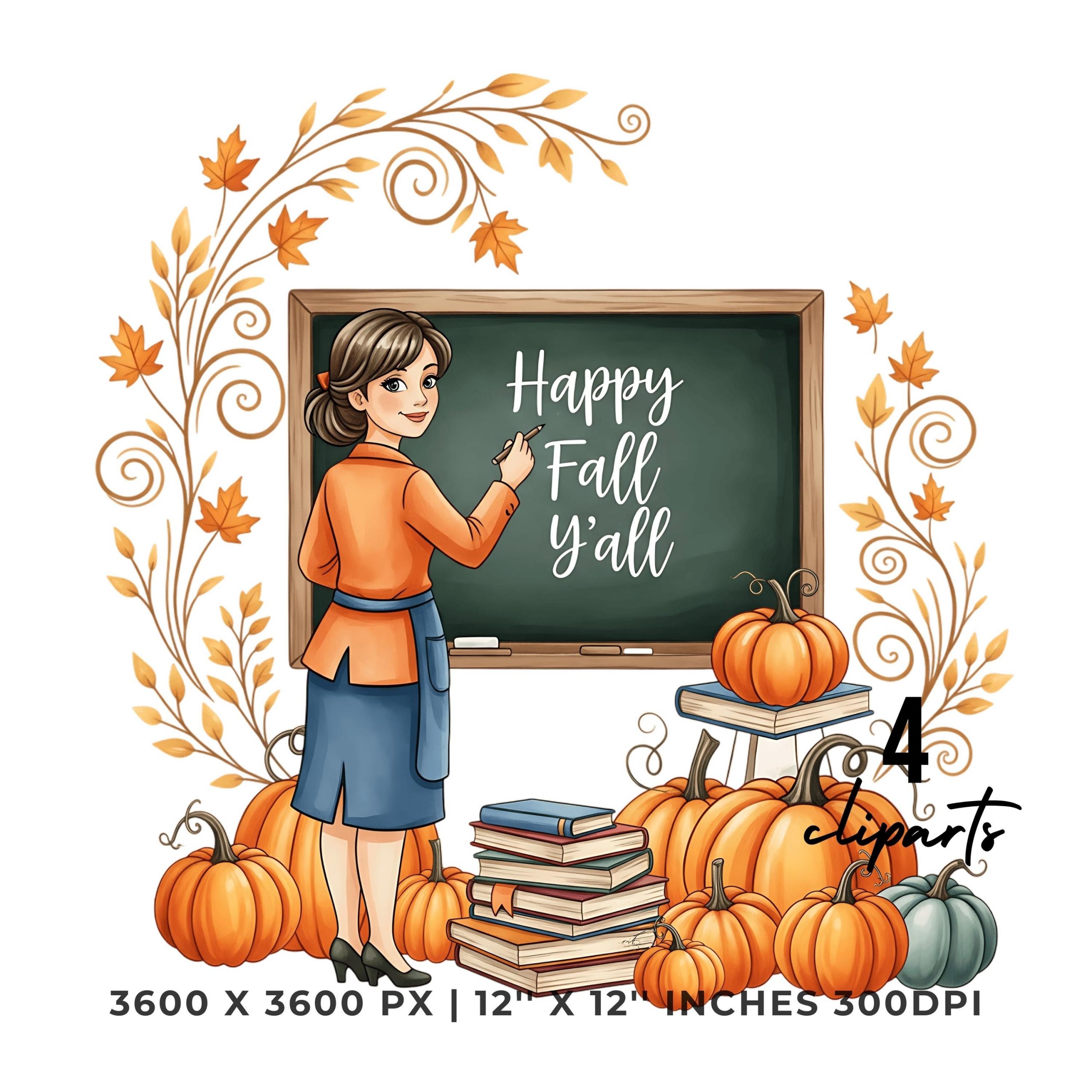 Happy Fall Y’all Teacher Clipart | Autumn Blackboard Classroom Fall Season Pumpkins Books Cute School Art 4 JPG – 4 PNG Commercial Use – Instant Digital Download